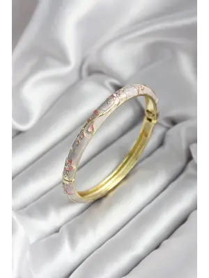 Mineli Pirinç Çiçek Desenli Zirkon Taşlı Gold Renk Kadın Kelepçe (çap 60 mm)