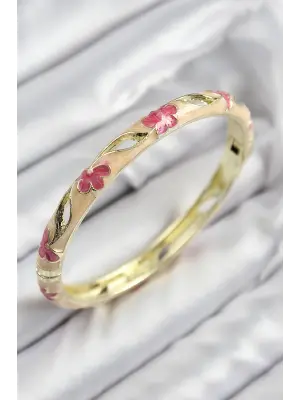 Mineli Pirinç Çiçek Motifli Gold Renk Kadın Kelepçe