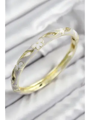 Mineli Pirinç Çiçek Motifli Gold Renk Kadın Kelepçe