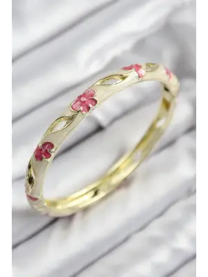 Mineli Pirinç Çiçek Motifli Gold Renk Kadın Kelepçe