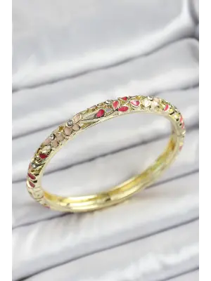 Mineli Pirinç Fuşya Çiçek Motif Desenli Kadın Kelepçe