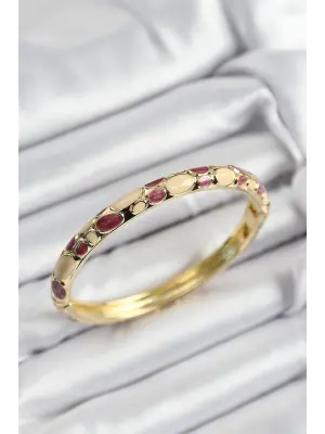 Mineli Pirinç Fuşya Ve Krem Petek Motifli Gold Renk Kadın Kelepçe