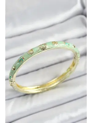 Mineli Pirinç Gold Renk Açık Yeşil Motif Desenli Kadın Kelepçe