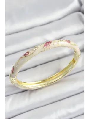 Mineli Pirinç Gold Renk Krem Çiçek Motifli Kadın Kelepçe