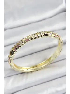 Mineli Pirinç Gold Renk Pembe Çiçek Desen Motifli Kadın Kelepçe