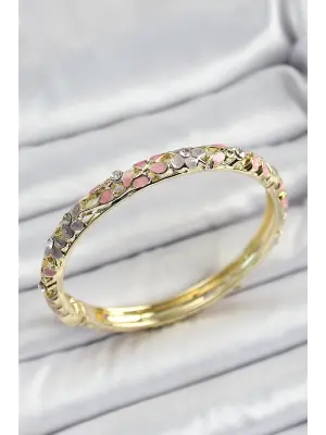 Mineli Pirinç Gold Renk Pembe Çiçek Motifli Kadın Kelepçe