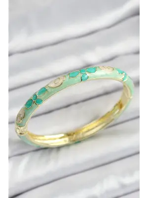 Mineli Pirinç Gold Renk Su Yeşili Çiçek Motifli Kadın Kelepçe