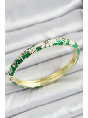 Mineli Pirinç Gold Renk Yeşil Çiçek Desen Motifli Kadın Kelepçe