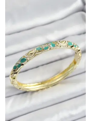 Mineli Pirinç Gold Renk Yeşil Çiçek Desenli Kadın Kelepçe