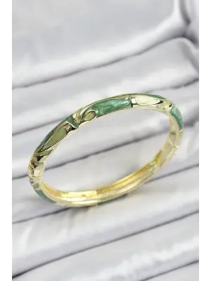 Mineli Pirinç Gold Renk Yeşil Çiçek Motifli Kadın Kelepçe