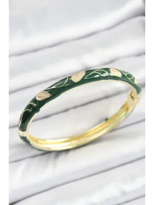 Mineli Pirinç Gold Renk Yeşil Çiçek Motifli Kadın Kelepçe