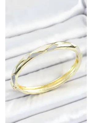 Mineli Pirinç Gri Beyaz Baklava Desenli Gold Renk Kadın Kelepçe