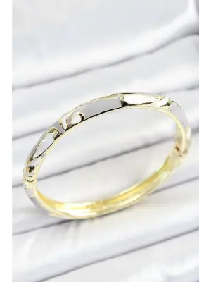 Mineli Pirinç Gri Beyaz Desenli Gold Renk Kadın Kelepçe