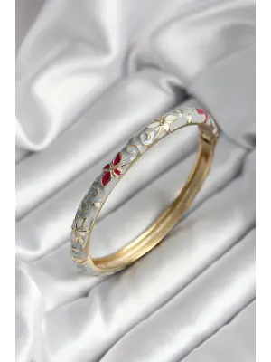 Mineli Pirinç Gri Çiçek Desenli Gold Renk Kadın Kelepçe