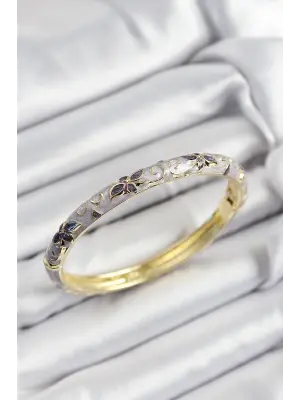 Mineli Pirinç Gri Çiçek Motifli Gold Renk Kadın Kelepçe