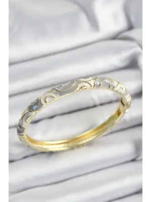 Mineli Pirinç Gri Ve Beyaz Sarmal Motifli Gold Renk Kadın Kelepçe