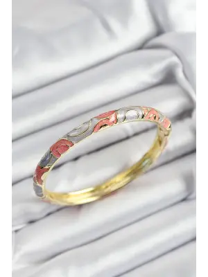 Mineli Pirinç Gri Ve Pembe Sarmal Motifli Gold Renk Kadın Kelepçe