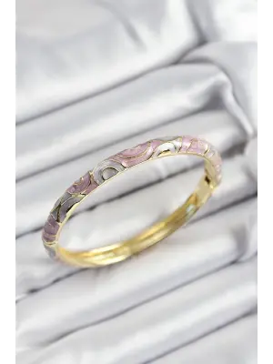 Mineli Pirinç Gri Ve Pembe Sarmal Motifli Gold Renk Kadın Kelepçe