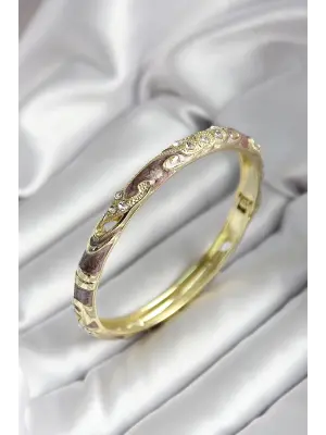 Mineli Pirinç Kahverengi Çiçek Desenli Zirkon Taşlı Gold Renk Kadın Kelepçe