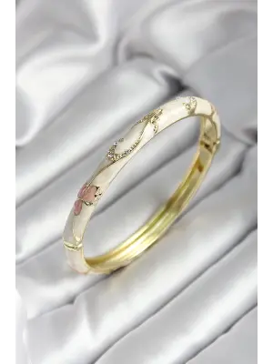 Mineli Pirinç Kırık Beyaz Çiçek Desenli Zirkon Taşlı Gold Renk Kadın Kelepçe