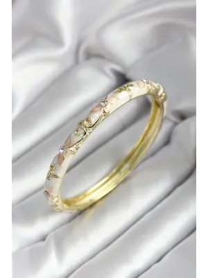 Mineli Pirinç Kırık Beyaz Çiçek Desenli Zirkon Taşlı Gold Renk Kadın Kelepçe