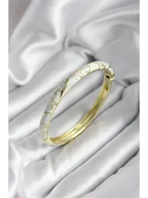 Mineli Pirinç Kırık Beyaz Çiçek Desenli Zirkon Taşlı Gold Renk Kadın Kelepçe (çap 60 mm)