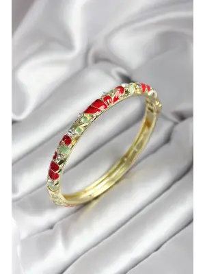 Mineli Pirinç Kırmızı Çiçek Desenli Gold Renk Kadın Kelepçe