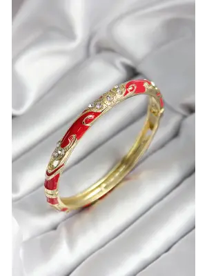 Mineli Pirinç Kırmızı Çiçek Desenli Zirkon Taşlı Gold Renk Kadın Kelepçe