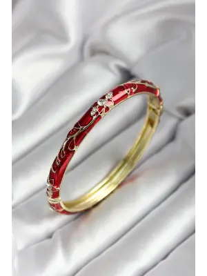 Mineli Pirinç Kırmızı Çiçek Desenli Zirkon Taşlı Gold Renk Kadın Kelepçe