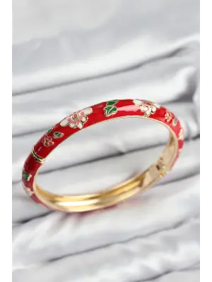 Mineli Pirinç Kırmızı Çiçek Motifli Gold Kadın Kelepçe