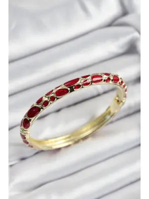 Mineli Pirinç Kırmızı Petek Motifli Gold Renk Kadın Kelepçe