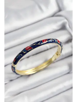 Mineli Pirinç Kırmızı ve Lacivert Yaprak Motifli Gold Renk Kadın Kelepçe