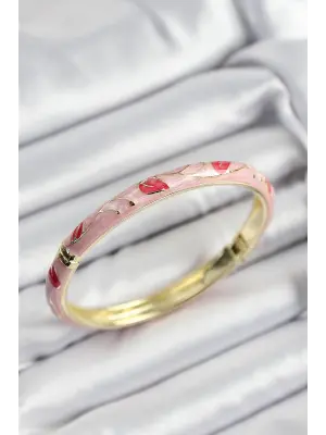 Mineli Pirinç Kırmızı ve Pembe Yaprak Motifli Gold Renk Kadın Kelepçe