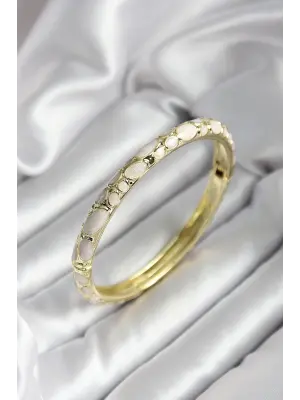 Mineli Pirinç Krem Çiçek Desenli Gold Renk Kadın Kelepçe (çap 60 mm)