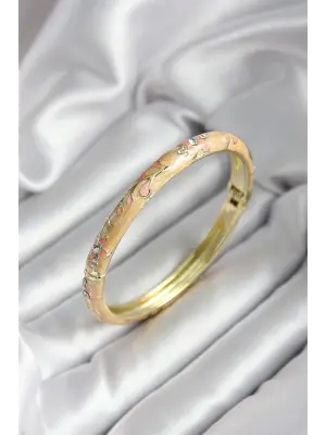 Mineli Pirinç Krem Çiçek Desenli Zirkon Taşlı Gold Renk Kadın Kelepçe (çap 60 mm)