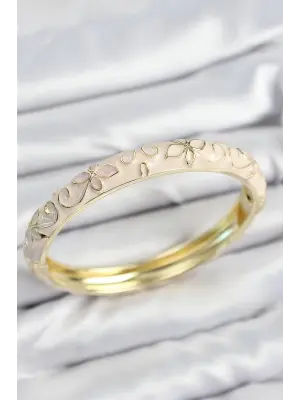 Mineli Pirinç Krem Çiçek Motifli Gold Kadın Kelepçe