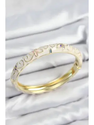 Mineli Pirinç Krem Çiçek Motifli Gold Kadın Kelepçe