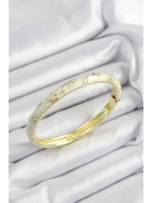 Mineli Pirinç Krem Çiçek Motifli Gold Renk Kadın Kelepçe
