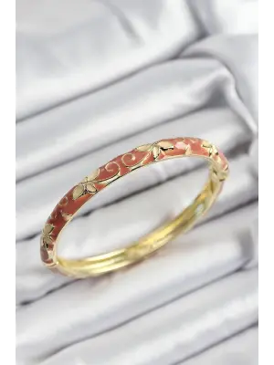 Mineli Pirinç Krem Çiçek Motifli Gold Renk Kadın Kelepçe