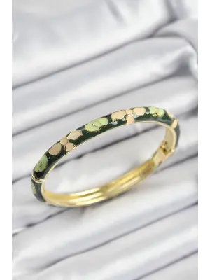 Mineli Pirinç Krem Ve Yeşil Çiçek Motifli Gold Renk Kadın Kelepçe