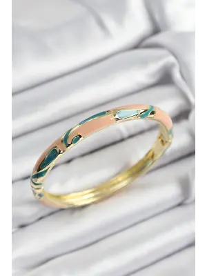 Mineli Pirinç Krem Ve Yeşil Mermer Motifli Gold Renk Kadın Kelepçe