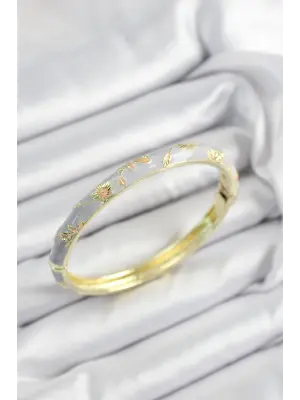 Mineli Pirinç Lila Çiçek Motifli Gold Renk Kadın Kelepçe