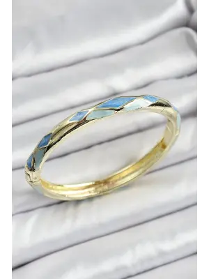 Mineli Pirinç Mavi Baklava Desenli Gold Renk Kadın Kelepçe