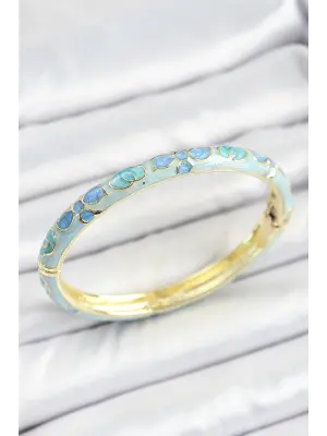 Mineli Pirinç Mavi Çiçek Desenli Gold Renk Kadın Kelepçe