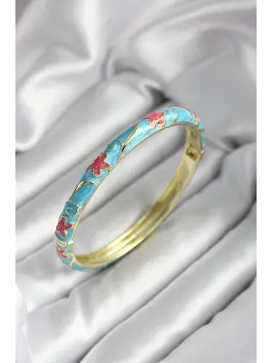 Mineli Pirinç Mavi Çiçek Desenli Gold Renk Kadın Kelepçe (çap 60 mm)