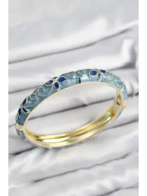 Mineli Pirinç Mavi Çiçek Motifli Gold Kadın Kelepçe