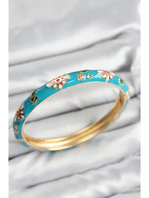 Mineli Pirinç Mavi Çiçek Motifli Gold Kadın Kelepçe