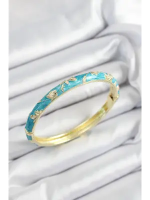 Mineli Pirinç Mavi Çiçek Motifli Gold Renk Kadın Kelepçe