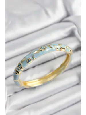 Mineli Pirinç Mavi Çiçek Motifli Gold Renk Kadın Kelepçe