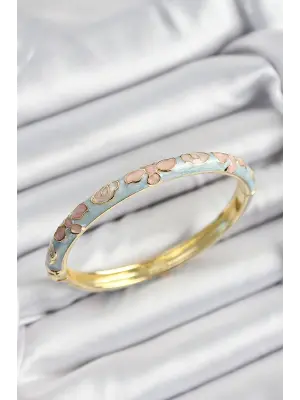Mineli Pirinç Mavi Ve Pembe Çiçek Motifli Gold Renk Kadın Kelepçe